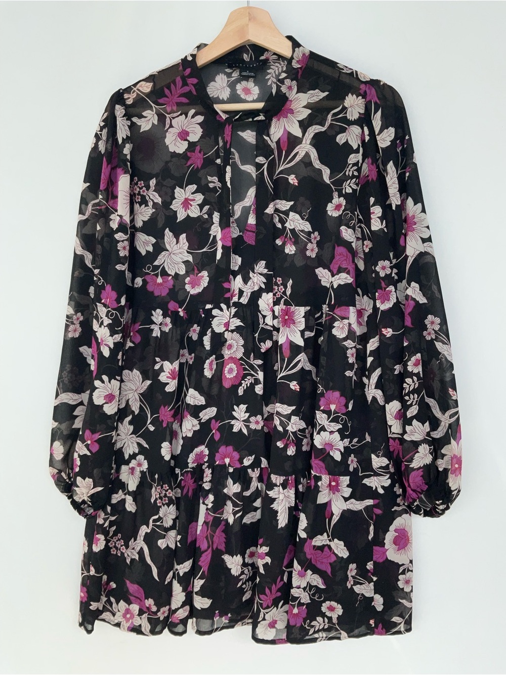 Sanctuary Black Floral Tiered Sheer Long-Sleeve Mini Dress